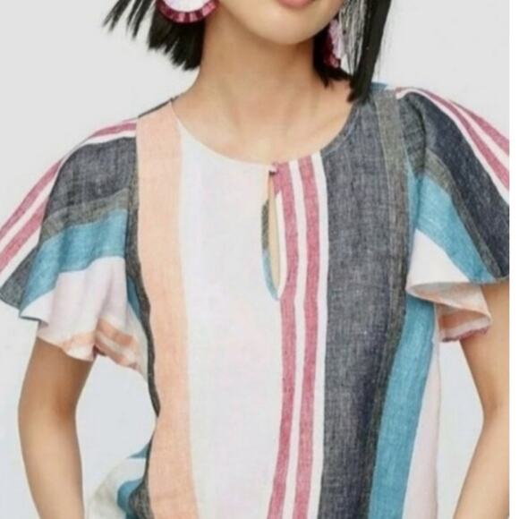 J. Crew Ruffle Sleeve Top Linen Mixed Stripe Keyhole Neck Pink Orange Small 4 - Picture 1 of 9